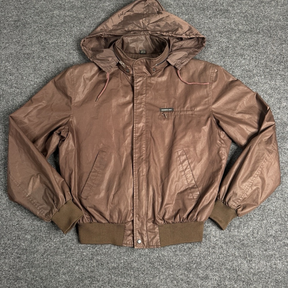 VTG Members Only Racer Bomber Jacket Brown Sz 40 Hidden Hood Full Zip Men's